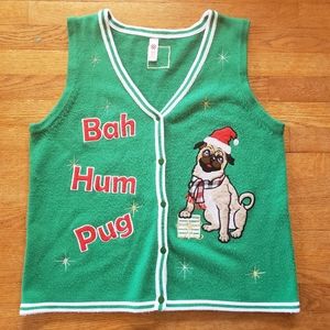 Bah Hum Pug Holiday Christmas Sweater V-neck Vest 16W green red dog sweater XL